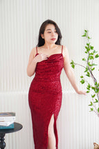 Yvaine Padded Sequin Maxi Dress with Slit in Maroon