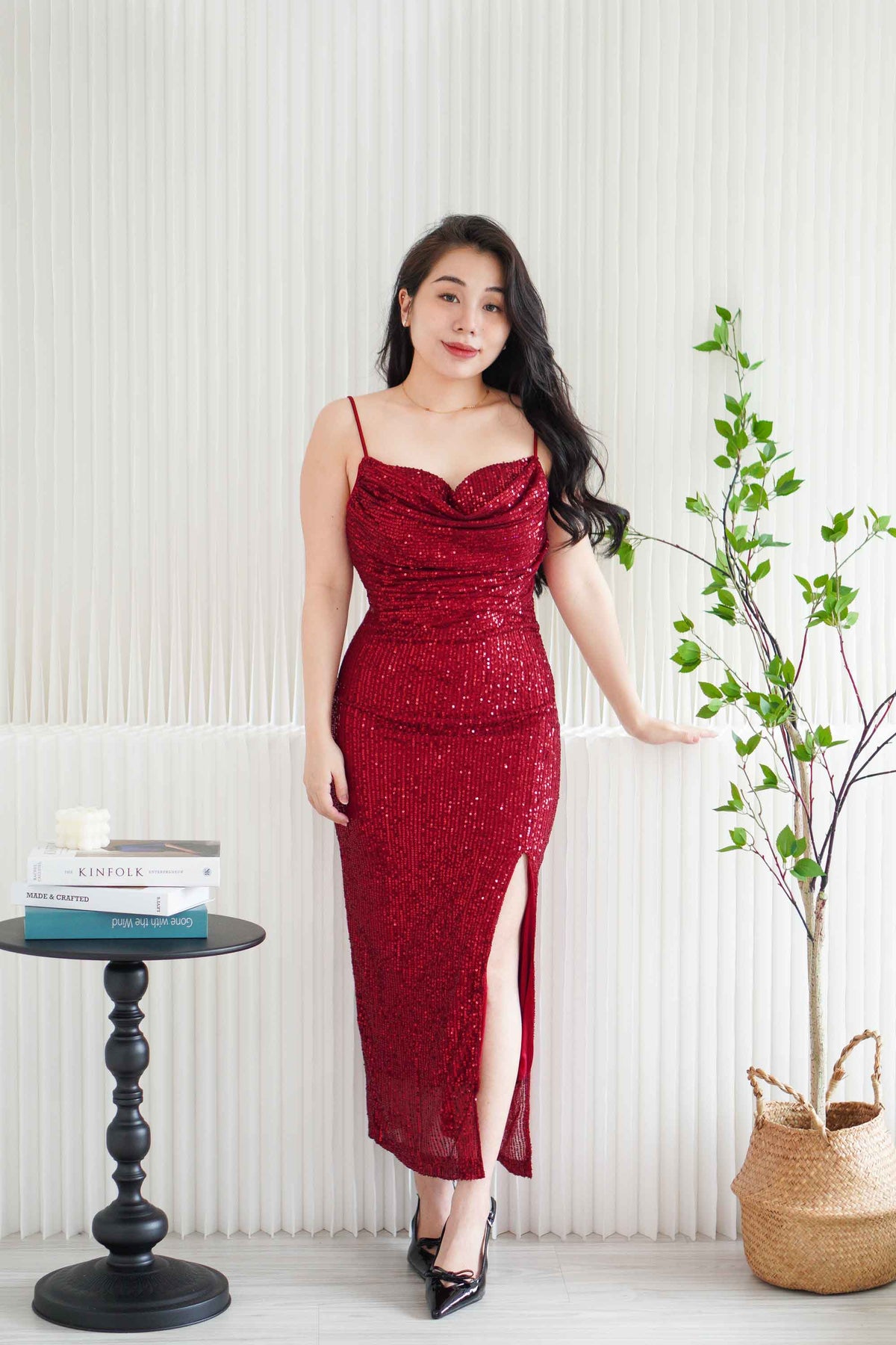 Yvaine Padded Sequin Maxi Dress with Slit in Maroon