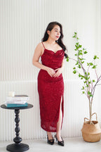 Yvaine Padded Sequin Maxi Dress with Slit in Maroon
