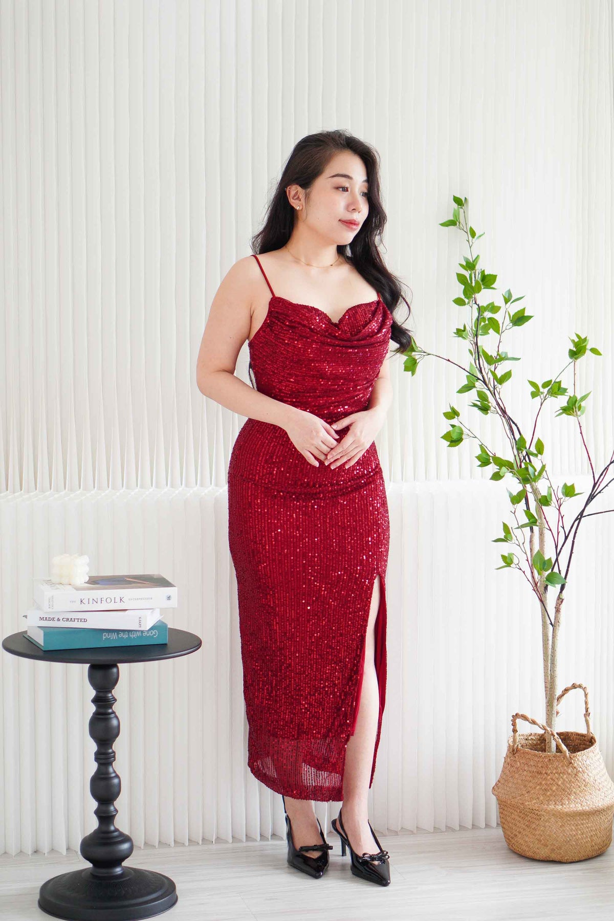 Yvaine Padded Sequin Maxi Dress with Slit in Maroon