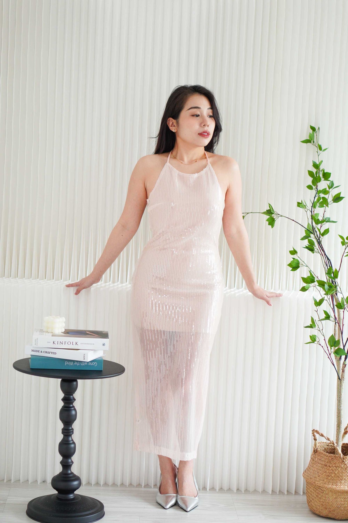 Carine Halter Neck Sequin Midi Dress in Light Pink