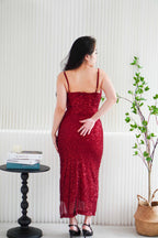 Yvaine Padded Sequin Maxi Dress with Slit in Maroon