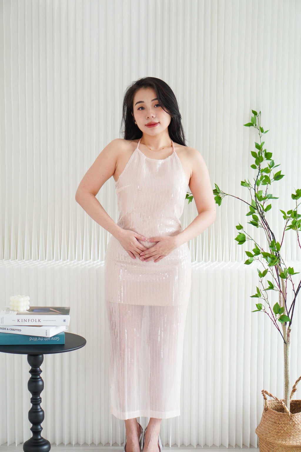 Carine Halter Neck Sequin Midi Dress in Light Pink
