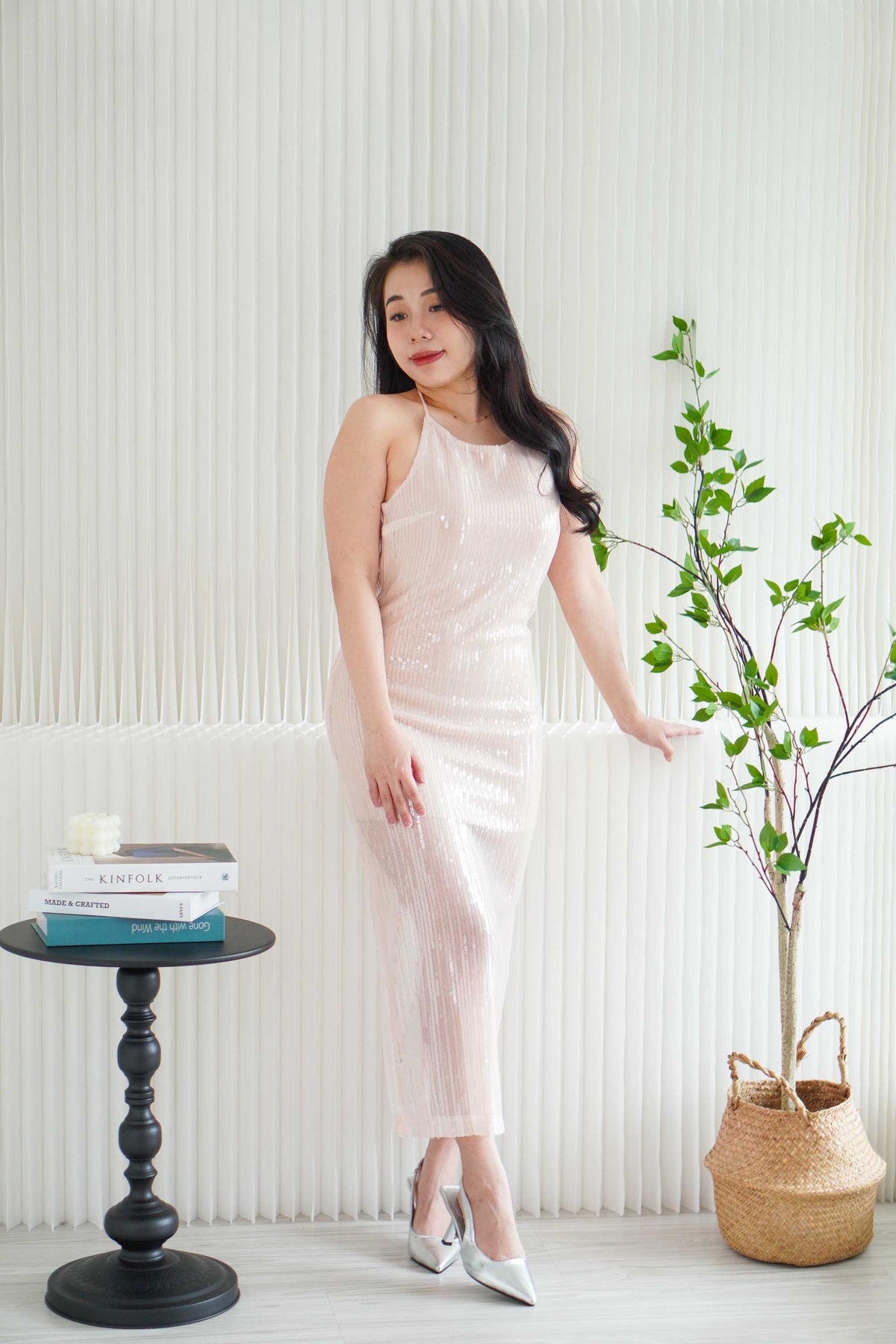 Carine Halter Neck Sequin Midi Dress in Light Pink
