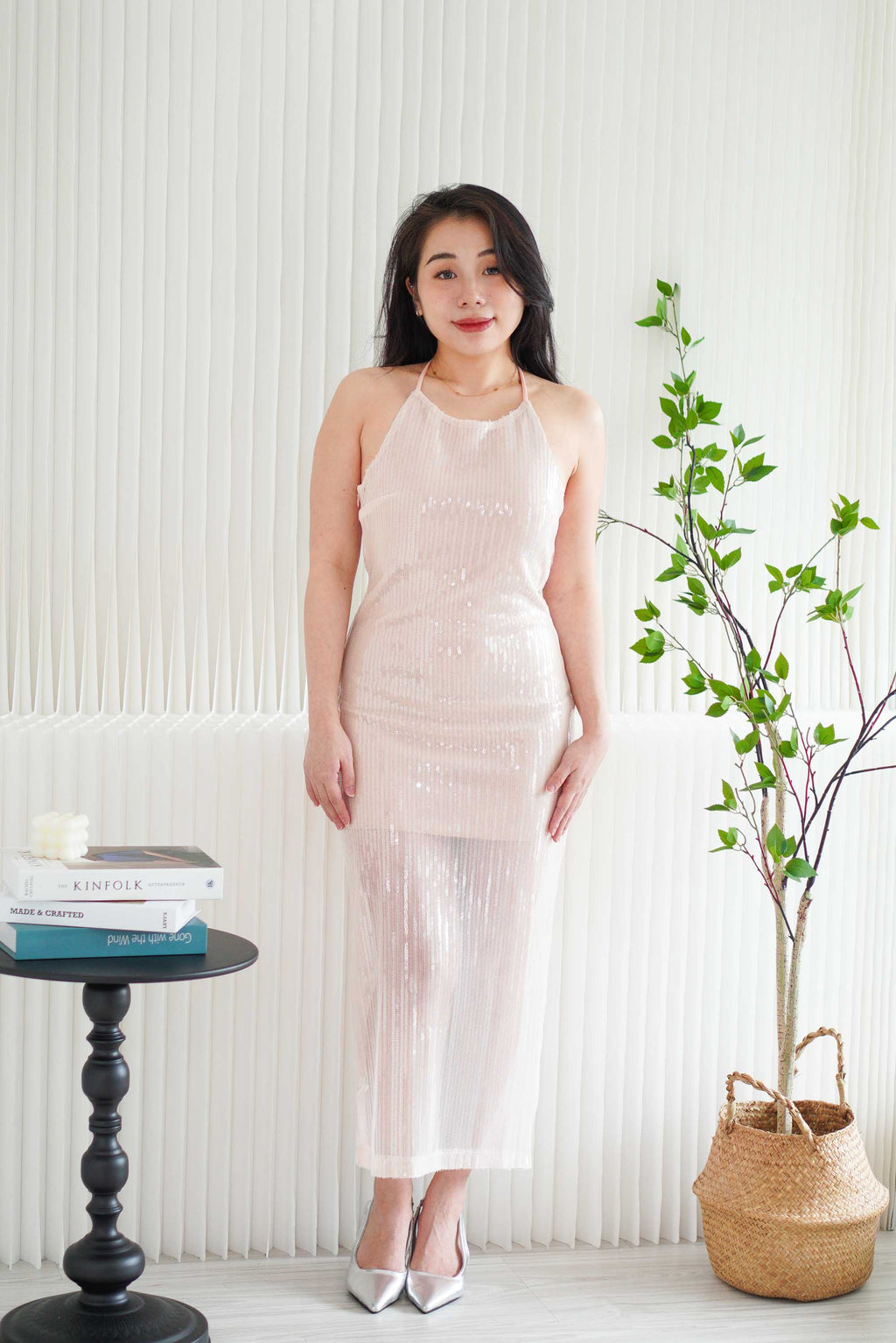 Carine Halter Neck Sequin Midi Dress in Light Pink