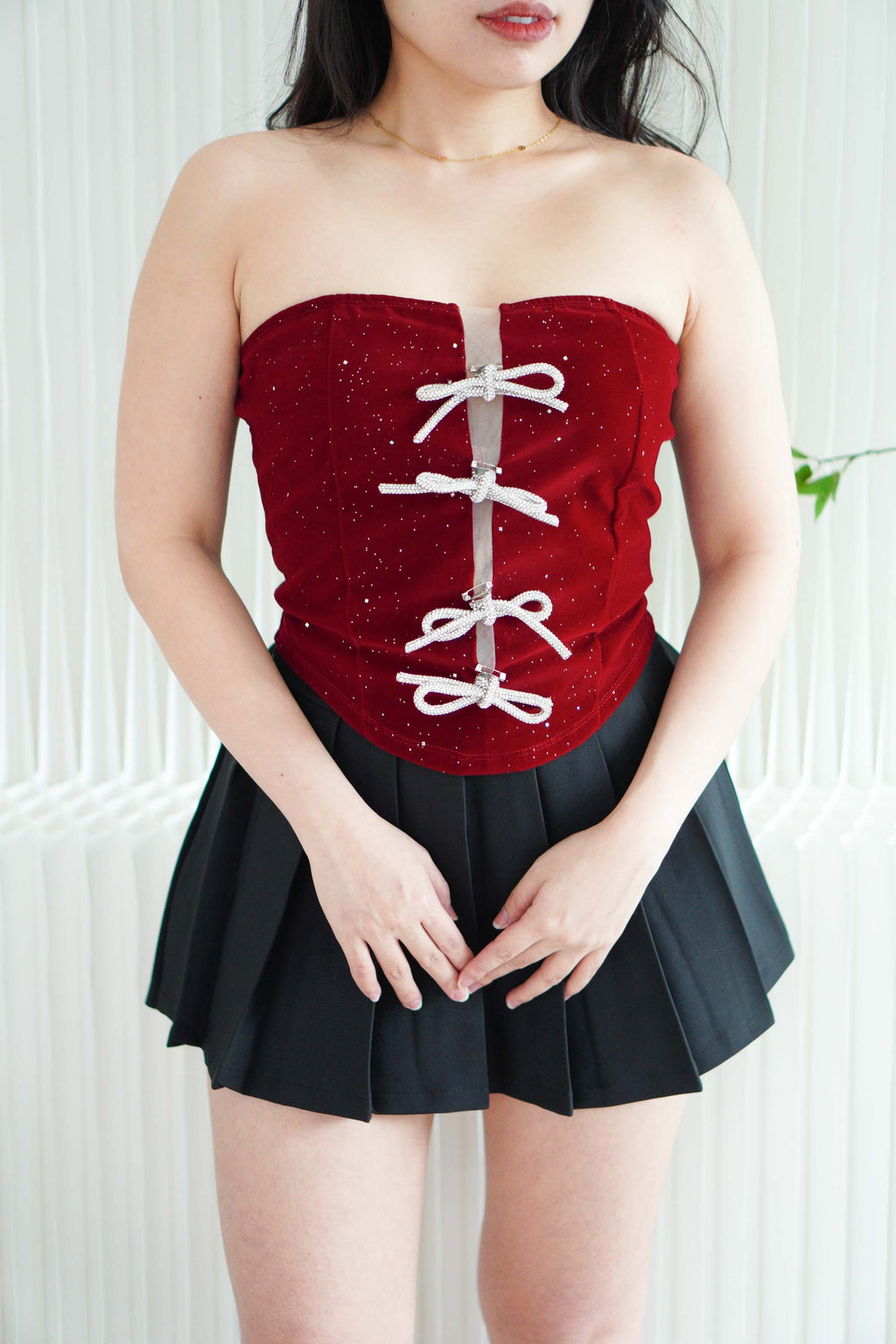 Glitz and Bows Tube Glitter Ribbon Top in Maroon