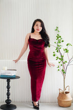 Love Chain Padded Velvet Bodycon Maxi Dress in Maroon