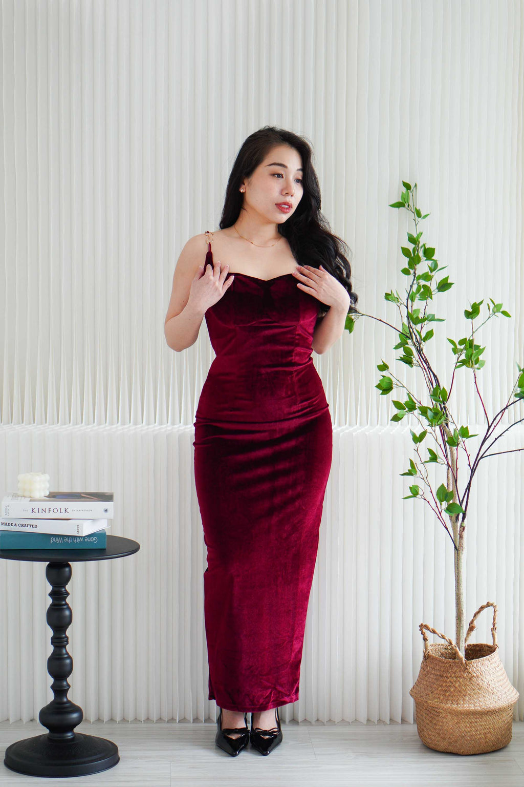 Love Chain Padded Velvet Bodycon Maxi Dress in Maroon