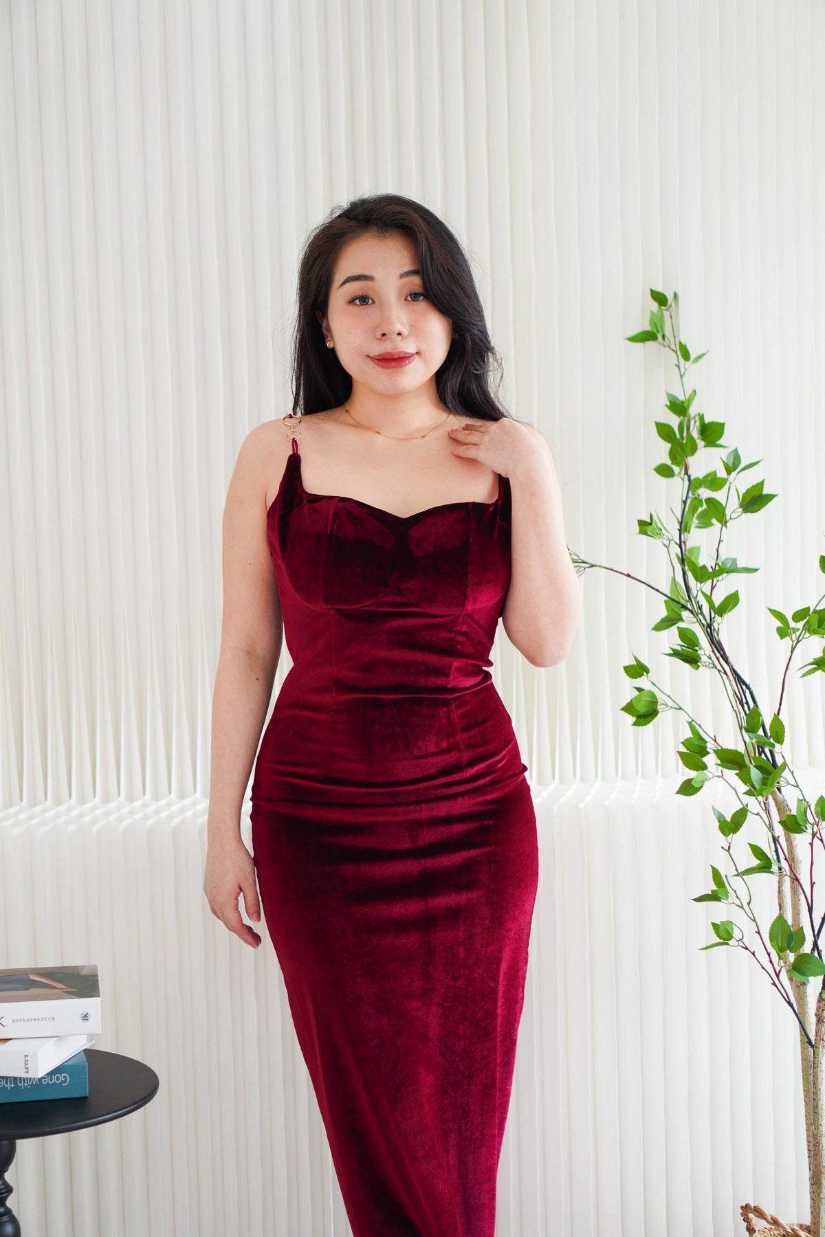 Love Chain Padded Velvet Bodycon Maxi Dress in Maroon