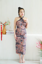 Ming Li Long Halter Neck Floral Cheongsam with Black Lining