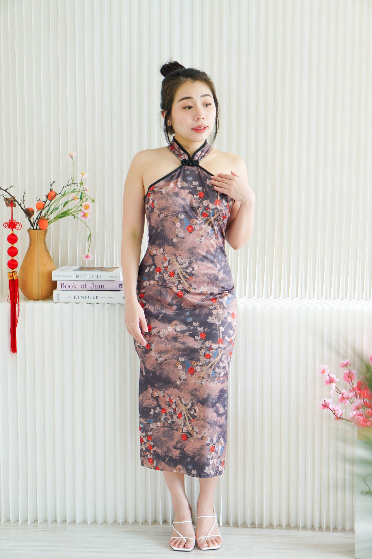 Ming Li Long Halter Neck Floral Cheongsam with Black Lining