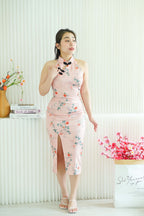 Mei Shan Long Floral Cheongsam with Black Knot in Pink