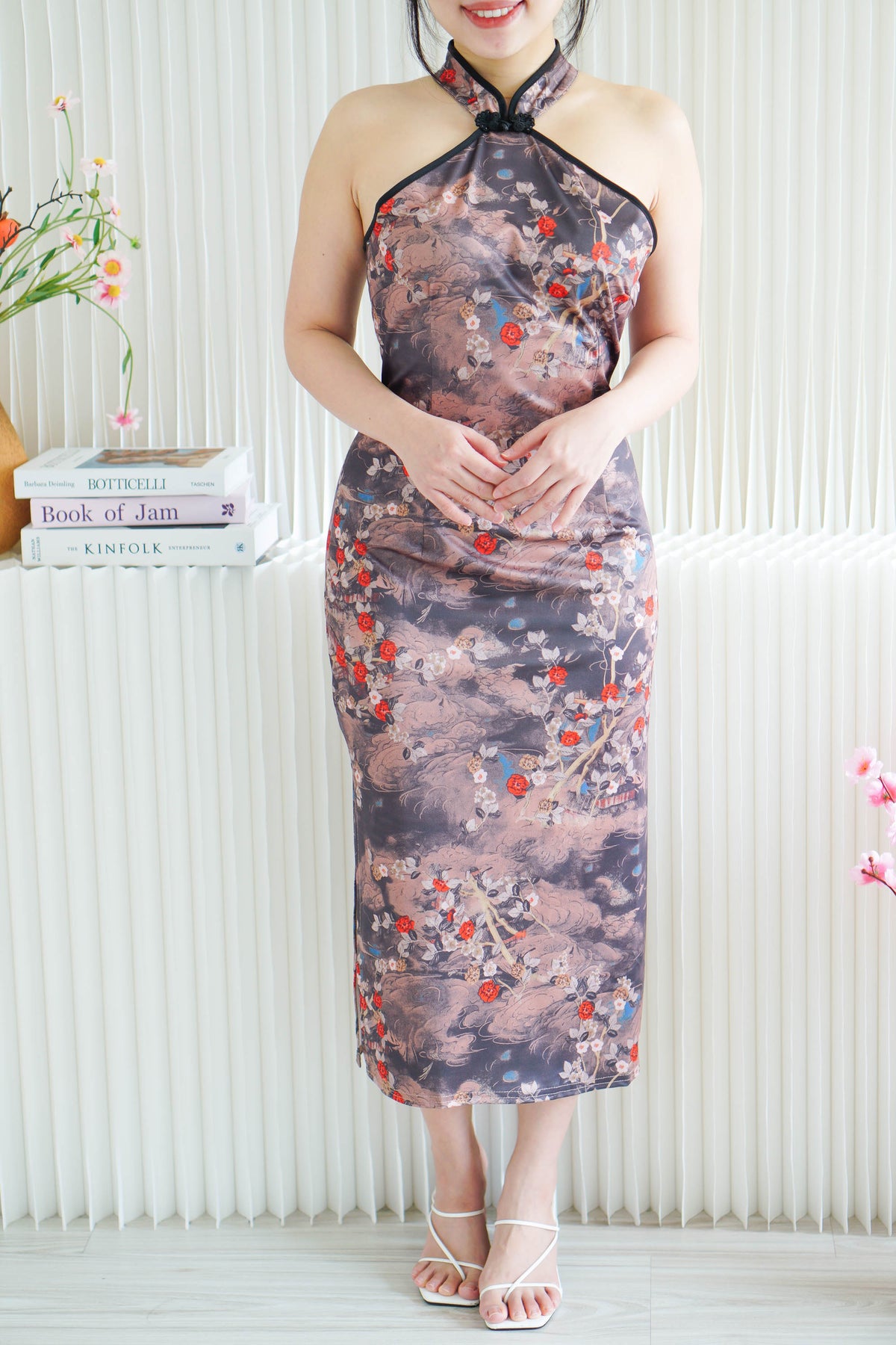 Ming Li Long Halter Neck Floral Cheongsam with Black Lining