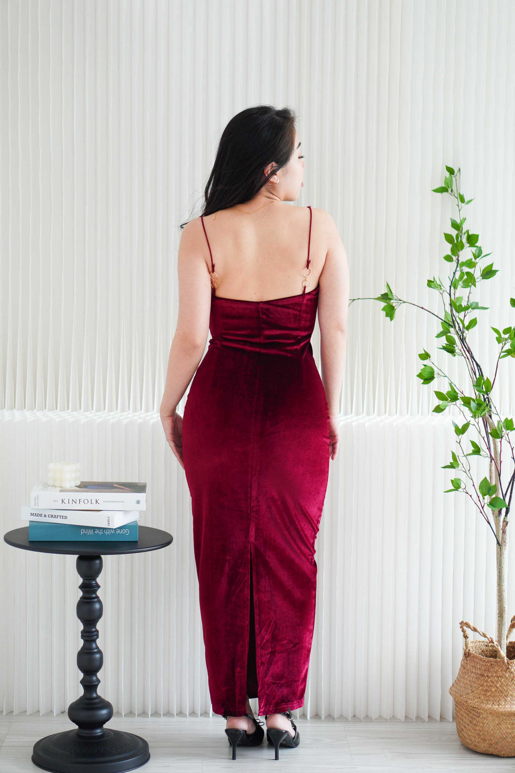 Love Chain Padded Velvet Bodycon Maxi Dress in Maroon