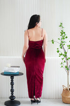 Love Chain Padded Velvet Bodycon Maxi Dress in Maroon