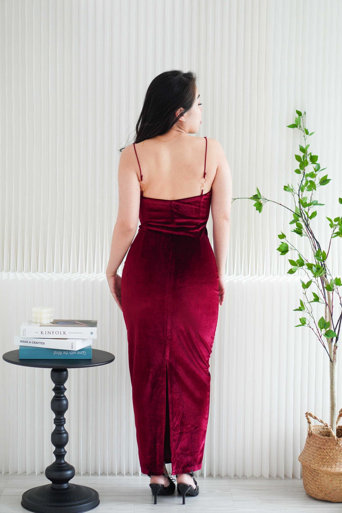 Love Chain Padded Velvet Bodycon Maxi Dress in Maroon