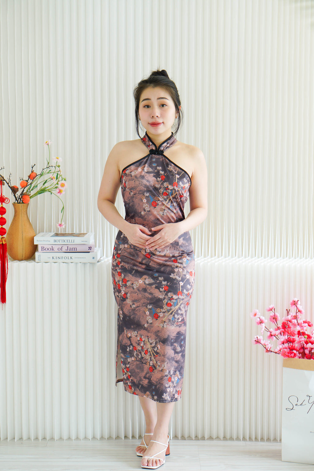 Ming Li Long Halter Neck Floral Cheongsam with Black Lining