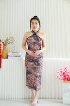 Ming Li Long Halter Neck Floral Cheongsam with Black Lining