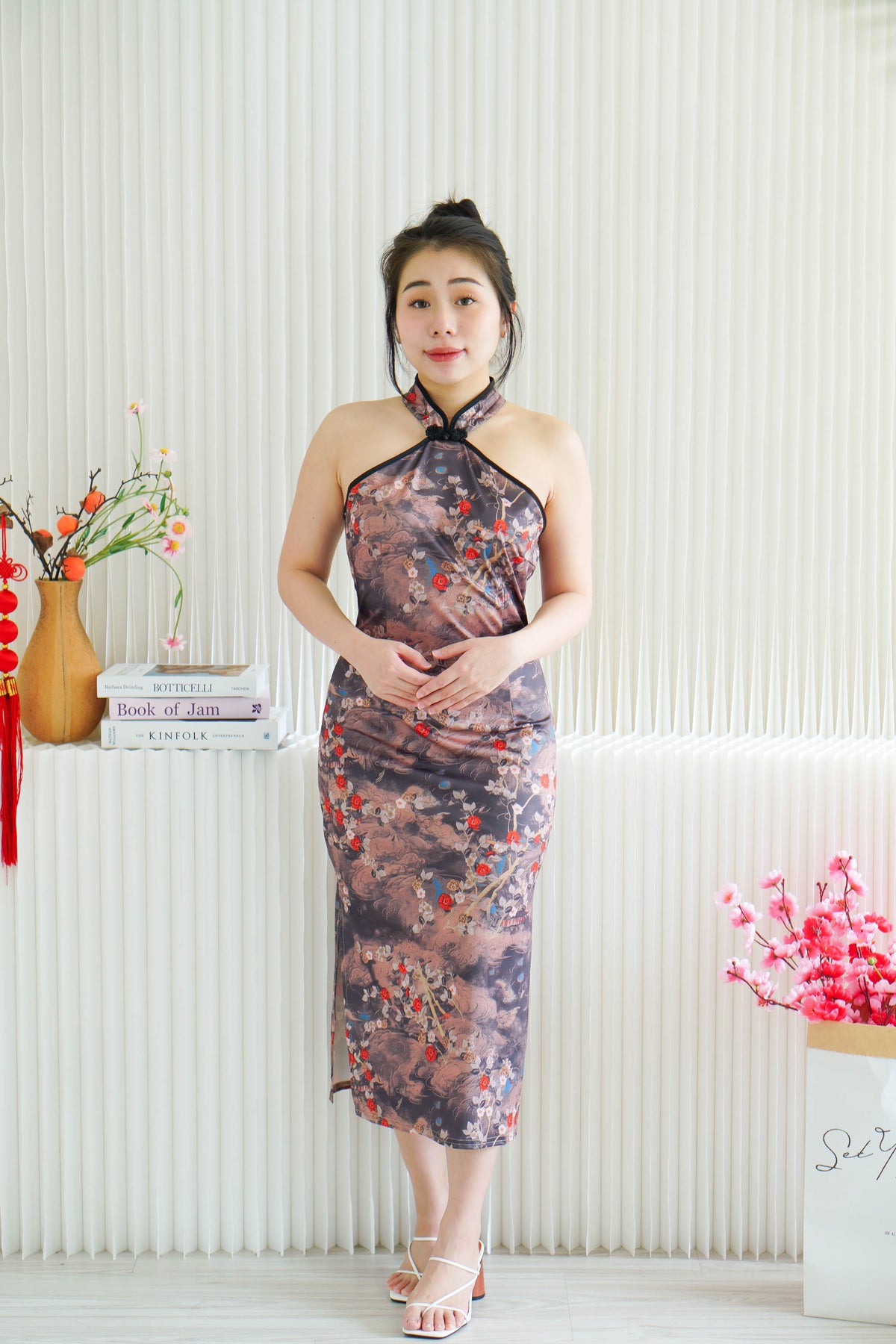 Ming Li Long Halter Neck Floral Cheongsam with Black Lining