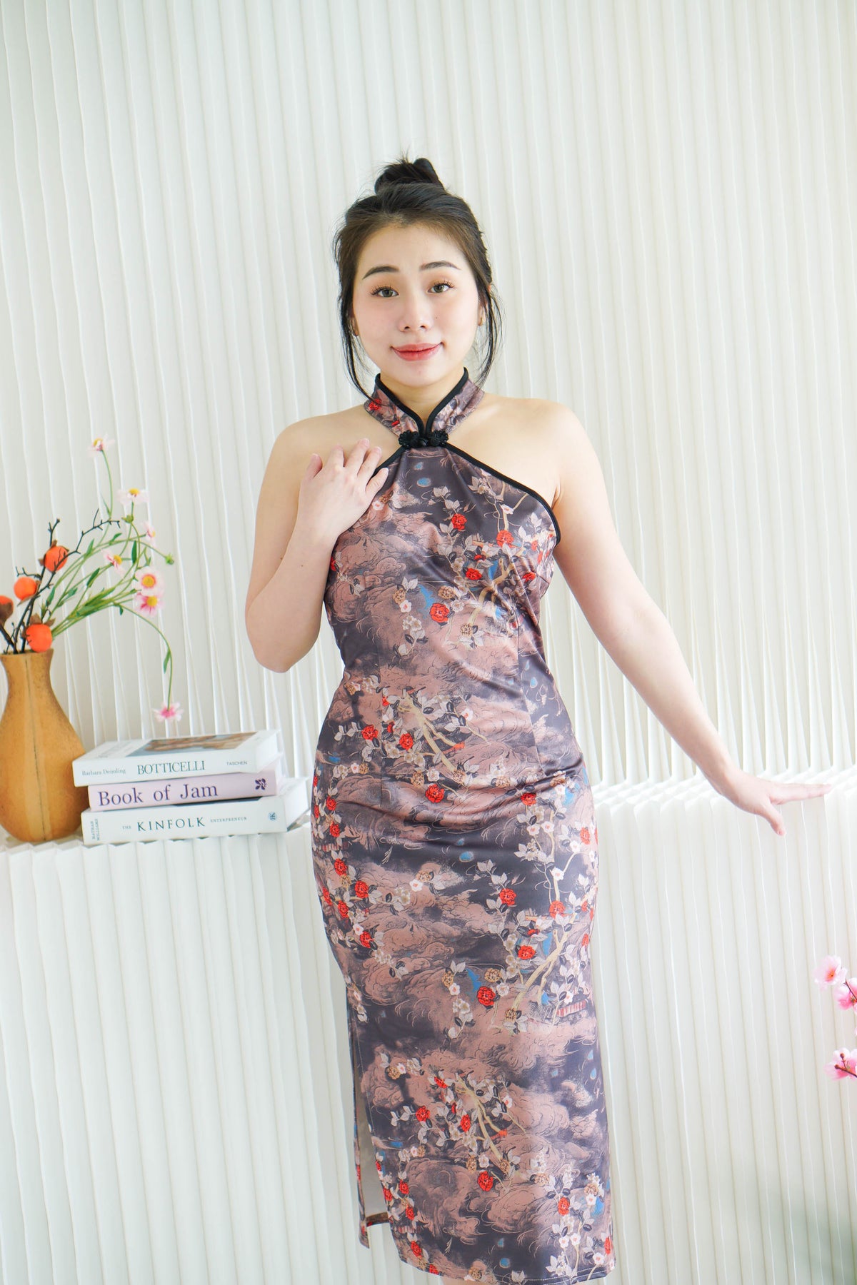 Ming Li Long Halter Neck Floral Cheongsam with Black Lining