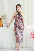 Ming Li Long Halter Neck Floral Cheongsam with Black Lining