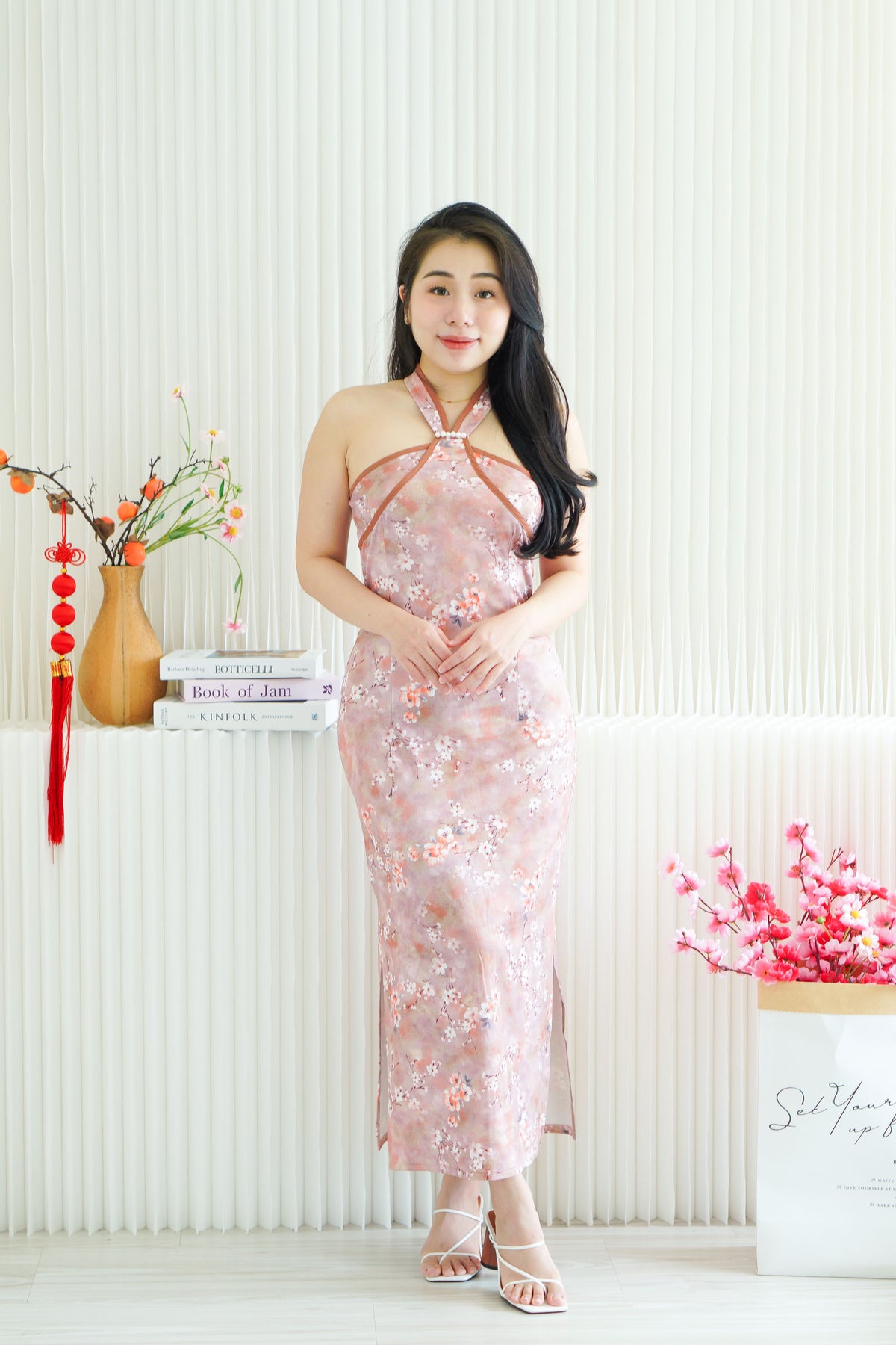 Mei Fang Halter Neck Pearls Maxi Cheongsam in Dark Pink