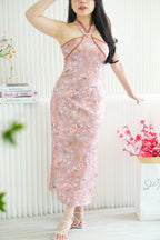 Mei Fang Halter Neck Pearls Maxi Cheongsam in Dark Pink