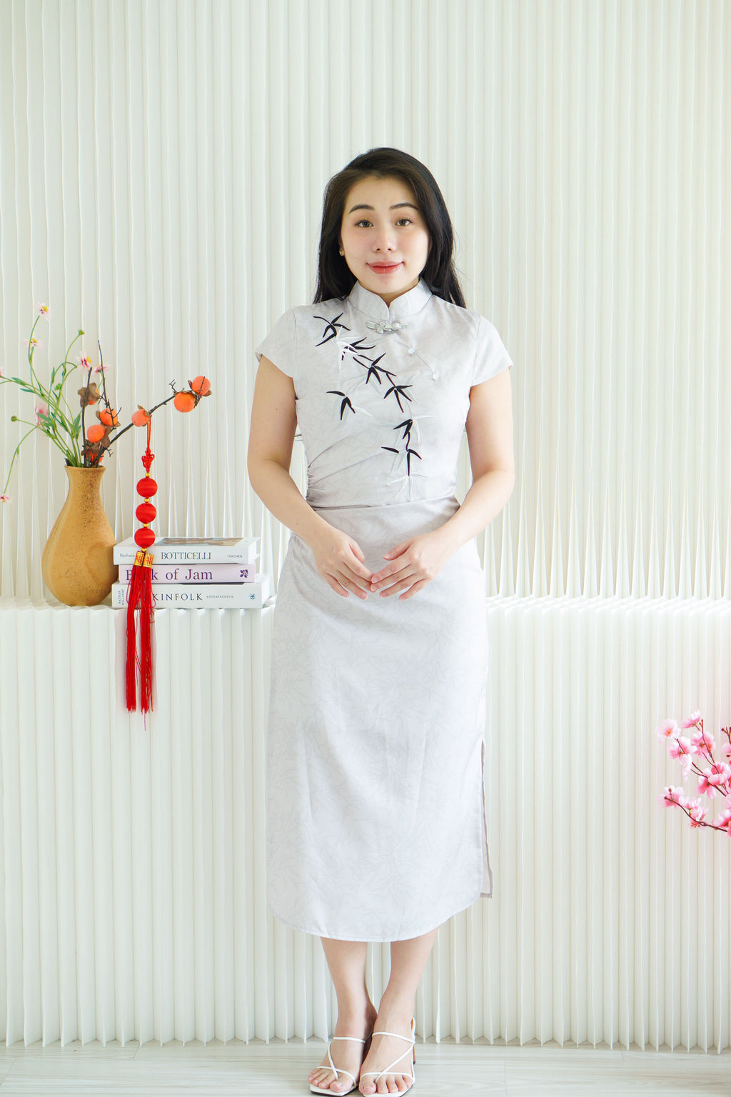 (BACKORDER) Qing Feng Maxi Cheongsam with Bamboo in Light Grey