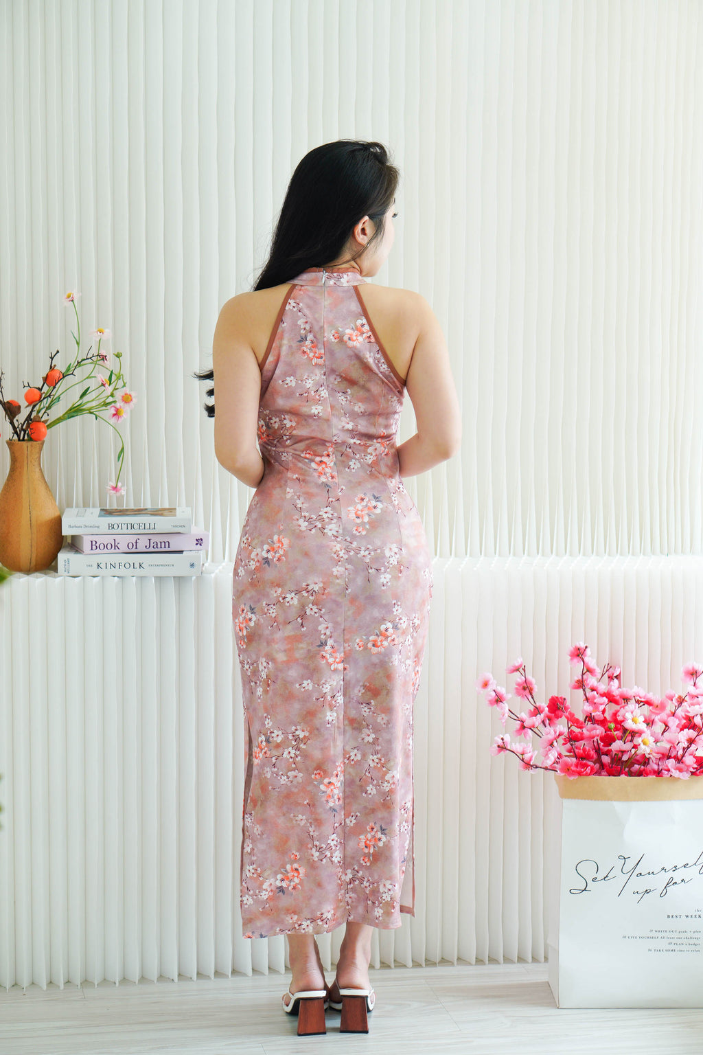 Mei Fang Halter Neck Pearls Maxi Cheongsam in Dark Pink