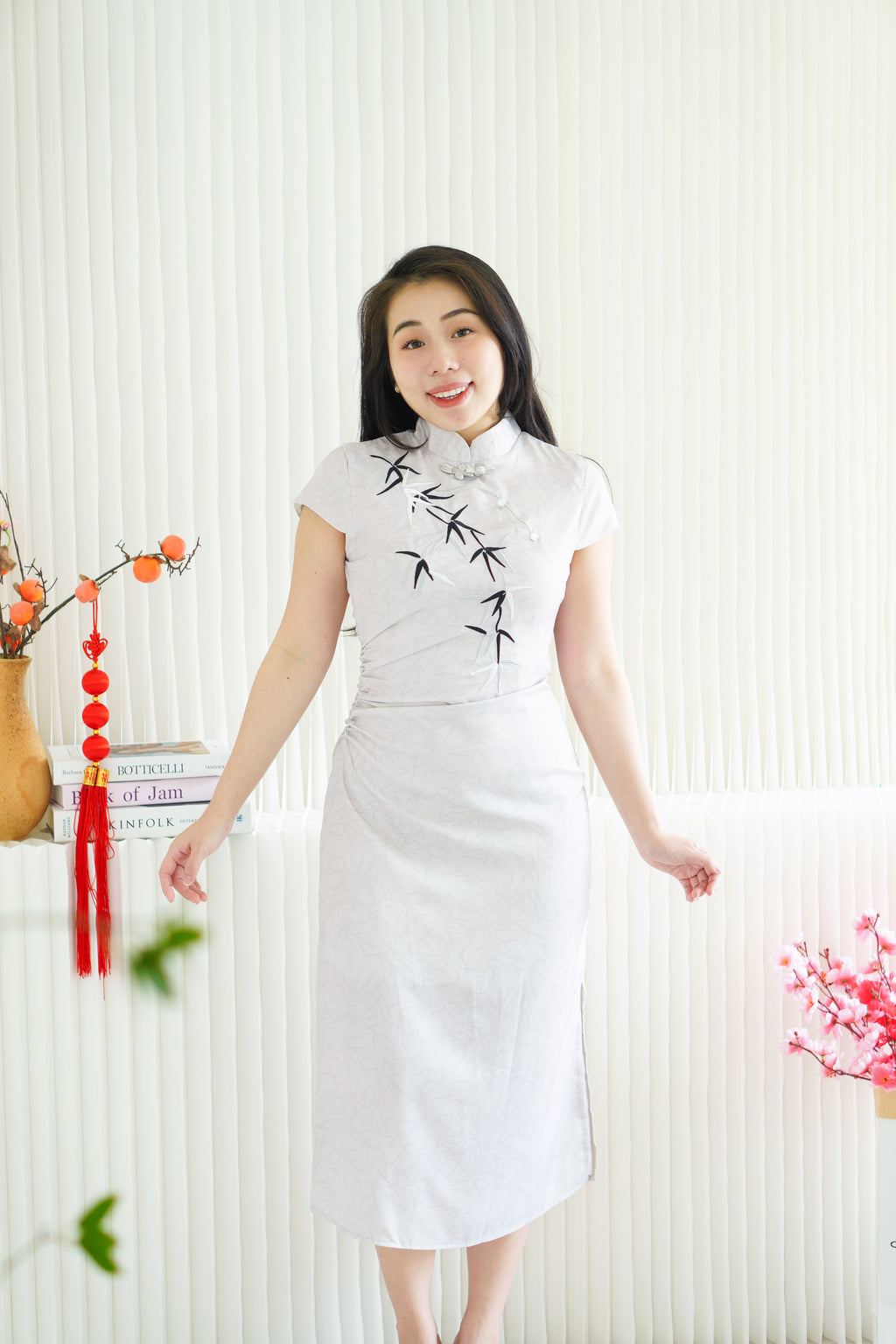 (BACKORDER) Qing Feng Maxi Cheongsam with Bamboo in Light Grey