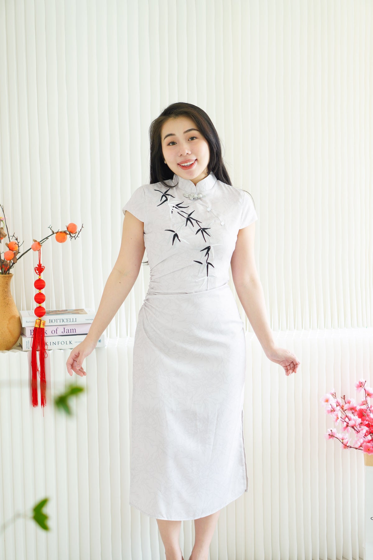 (BACKORDER) Qing Feng Maxi Cheongsam with Bamboo in Light Grey