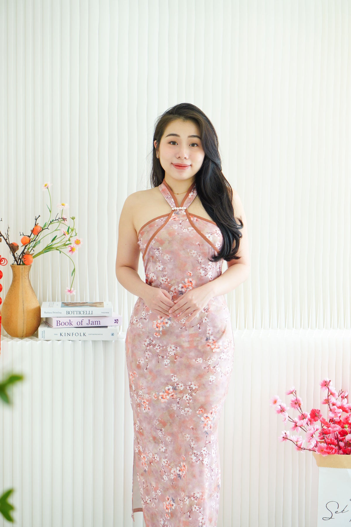 Mei Fang Halter Neck Pearls Maxi Cheongsam in Dark Pink