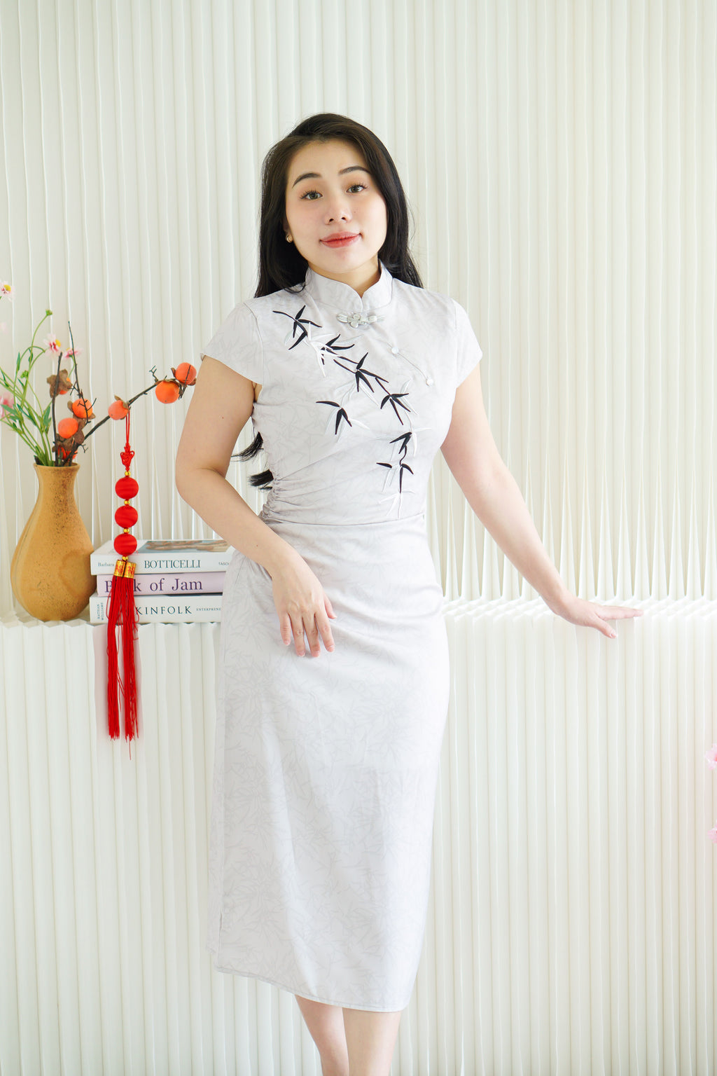 (BACKORDER) Qing Feng Maxi Cheongsam with Bamboo in Light Grey