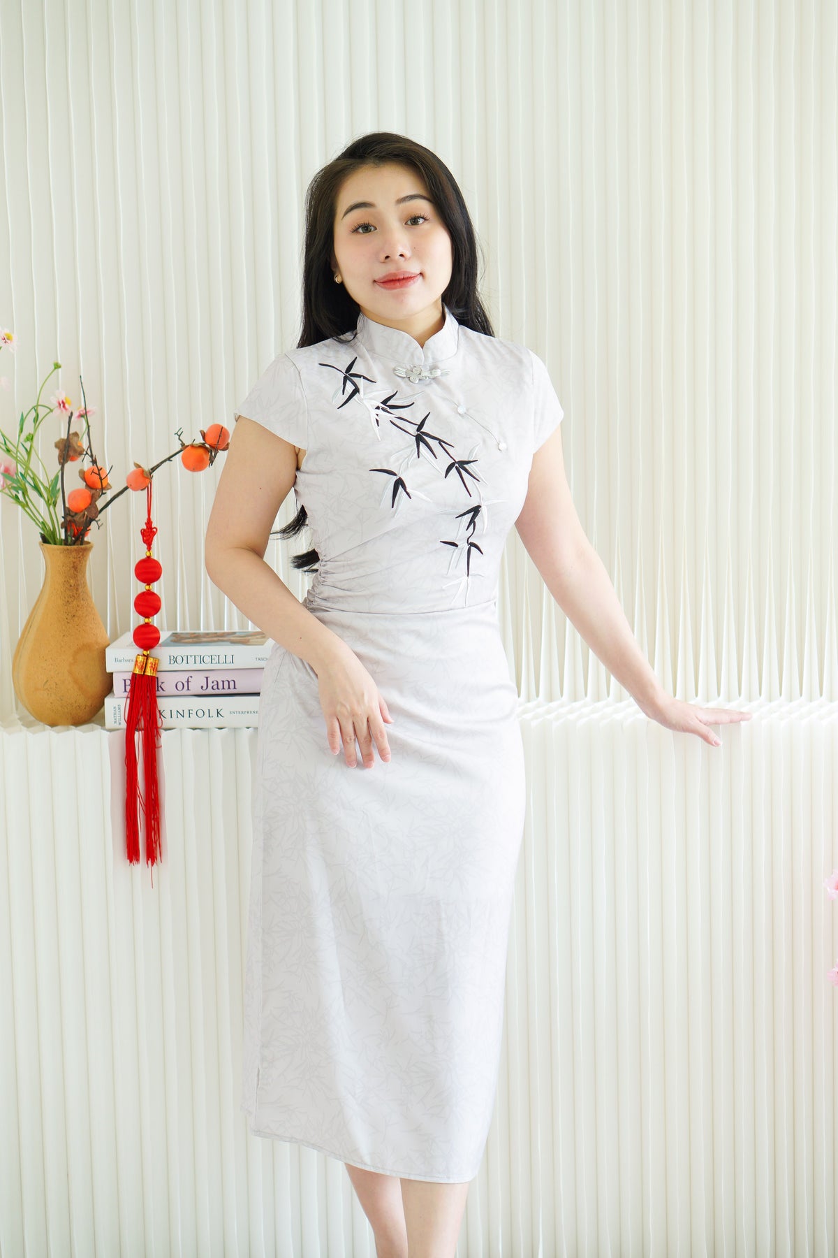(BACKORDER) Qing Feng Maxi Cheongsam with Bamboo in Light Grey