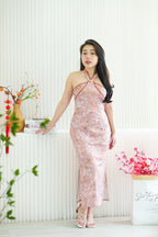 Mei Fang Halter Neck Pearls Maxi Cheongsam in Dark Pink