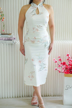 Fei Er Long Halter Neck Floral Cheongsam in White