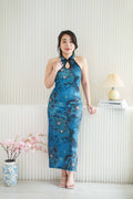 Que Long Halter Neck Floral Cheongsam in Dark Blue