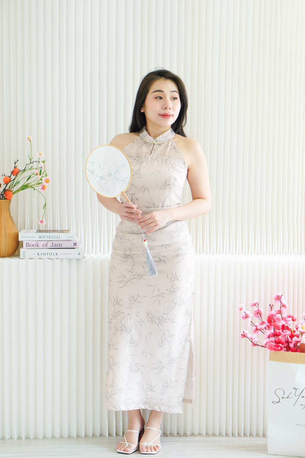 En Xi Long Halter Neck Leaves Cheongsam in Light Khaki