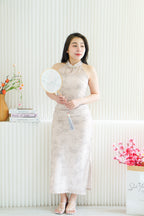 En Xi Long Halter Neck Leaves Cheongsam in Light Khaki