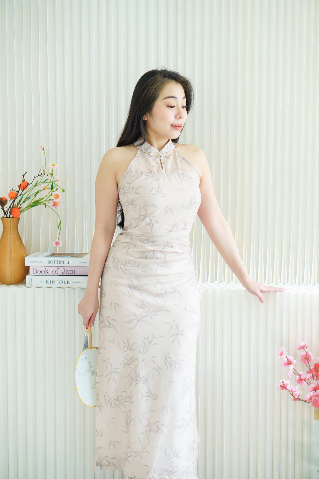 En Xi Long Halter Neck Leaves Cheongsam in Light Khaki
