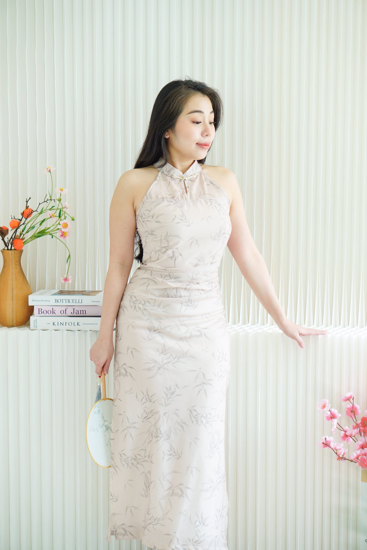 En Xi Long Halter Neck Leaves Cheongsam in Light Khaki