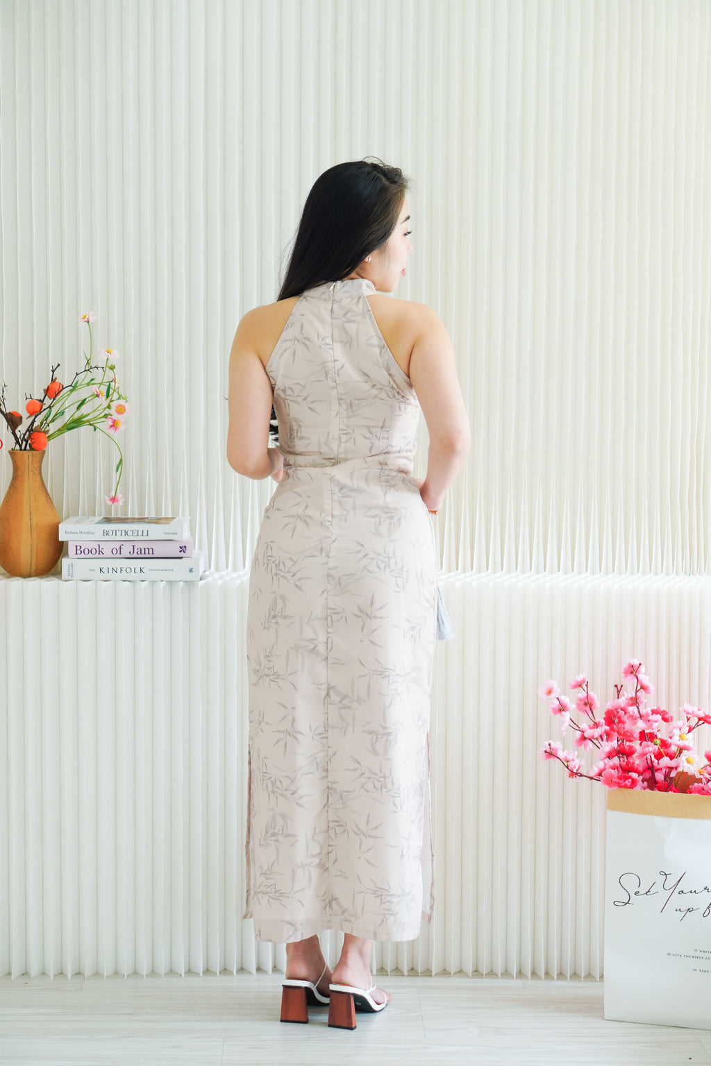 En Xi Long Halter Neck Leaves Cheongsam in Light Khaki