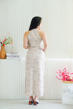 En Xi Long Halter Neck Leaves Cheongsam in Light Khaki