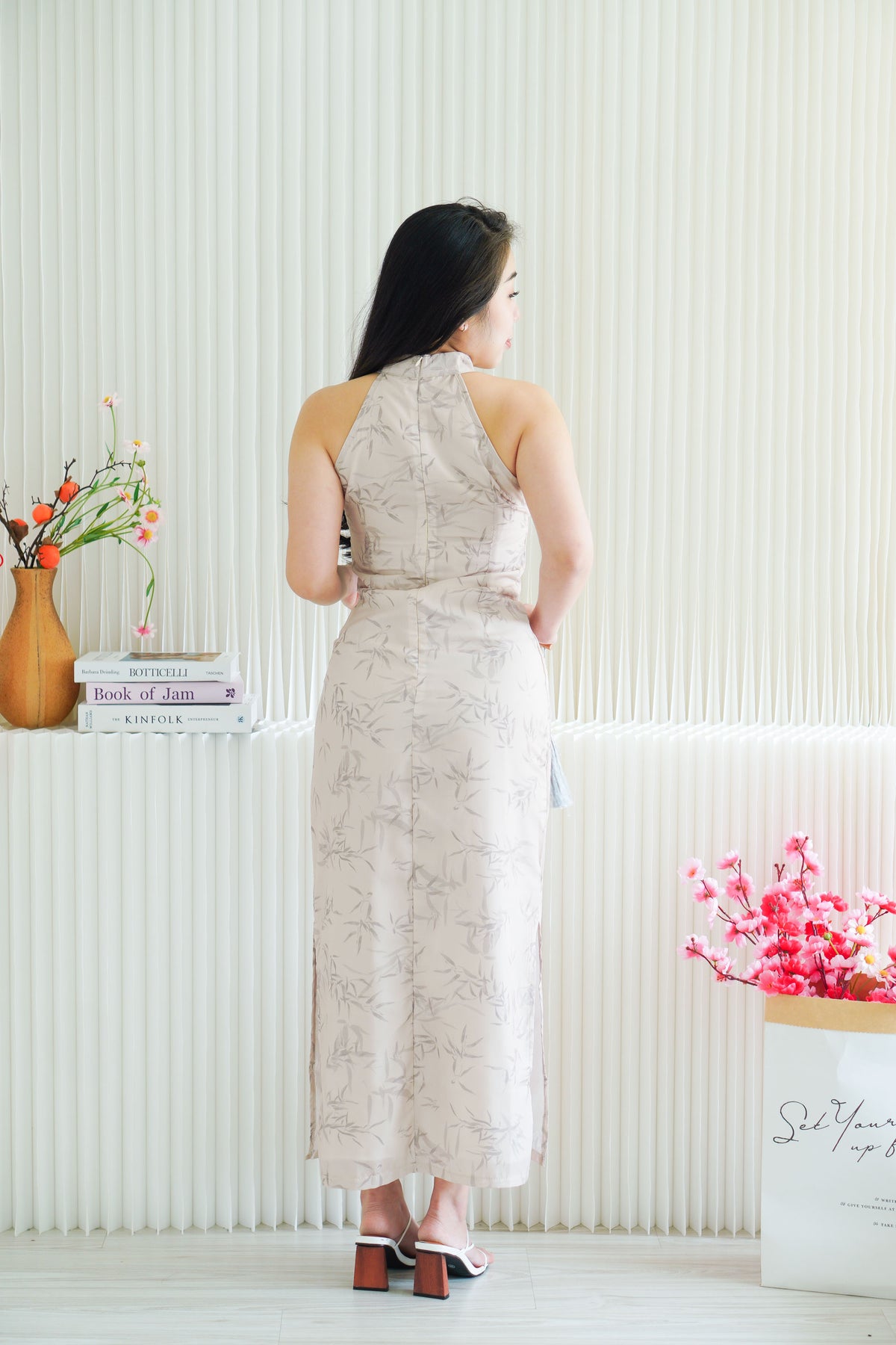 En Xi Long Halter Neck Leaves Cheongsam in Light Khaki
