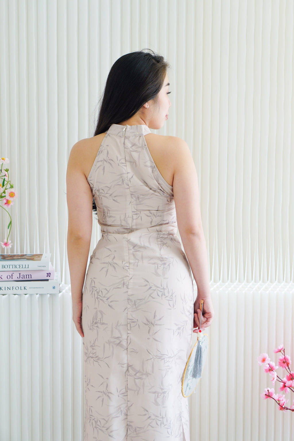 En Xi Long Halter Neck Leaves Cheongsam in Light Khaki