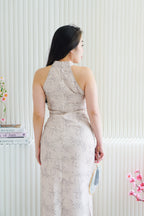 En Xi Long Halter Neck Leaves Cheongsam in Light Khaki
