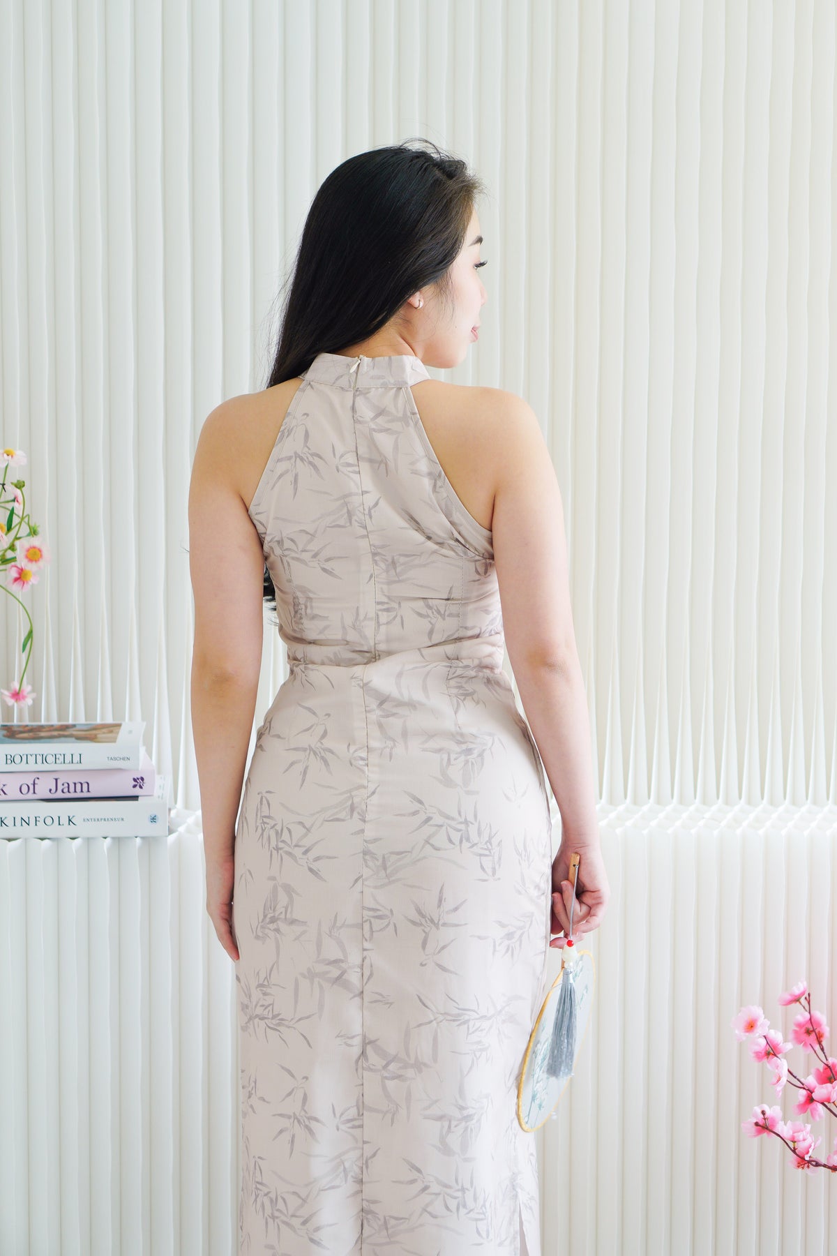 En Xi Long Halter Neck Leaves Cheongsam in Light Khaki
