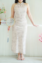 En Xi Long Halter Neck Leaves Cheongsam in Light Khaki