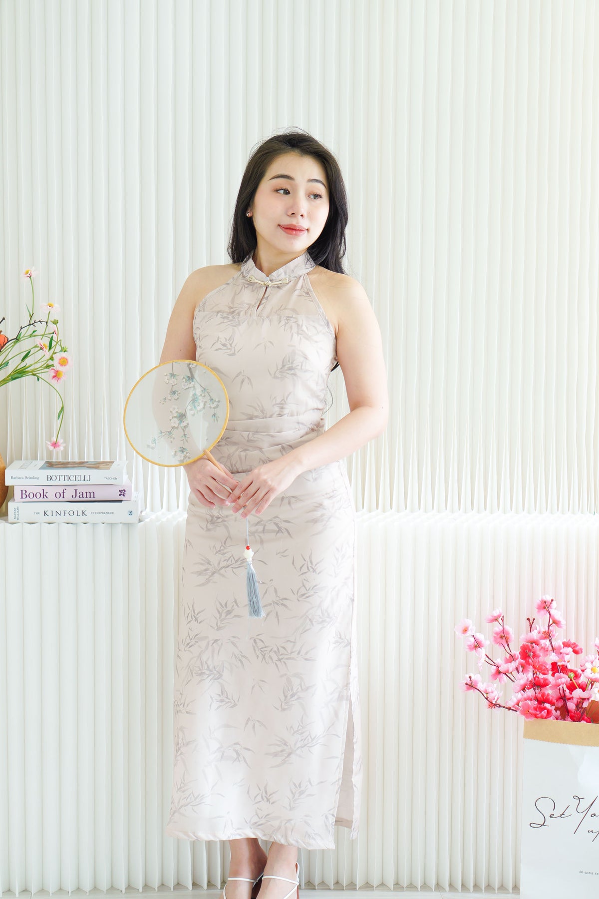 En Xi Long Halter Neck Leaves Cheongsam in Light Khaki
