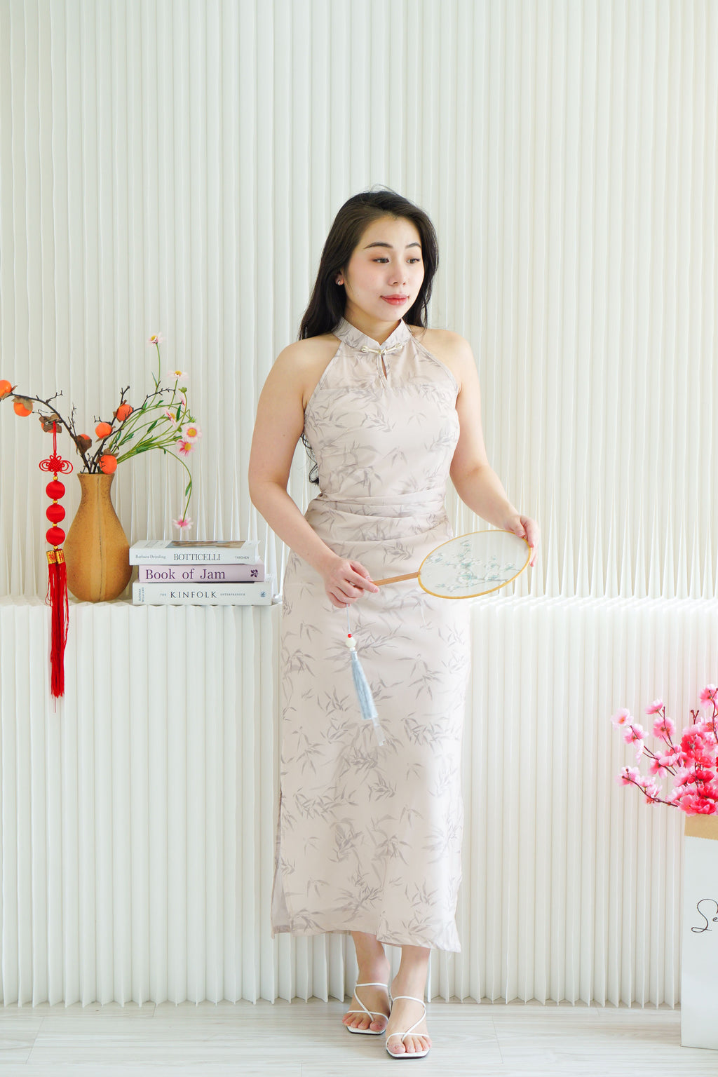 En Xi Long Halter Neck Leaves Cheongsam in Light Khaki